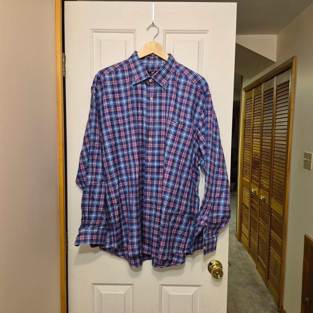 Vineyard Vines Mens XXL Tucker Shirt Blue Orange Plaid Long Sleeve Button Down